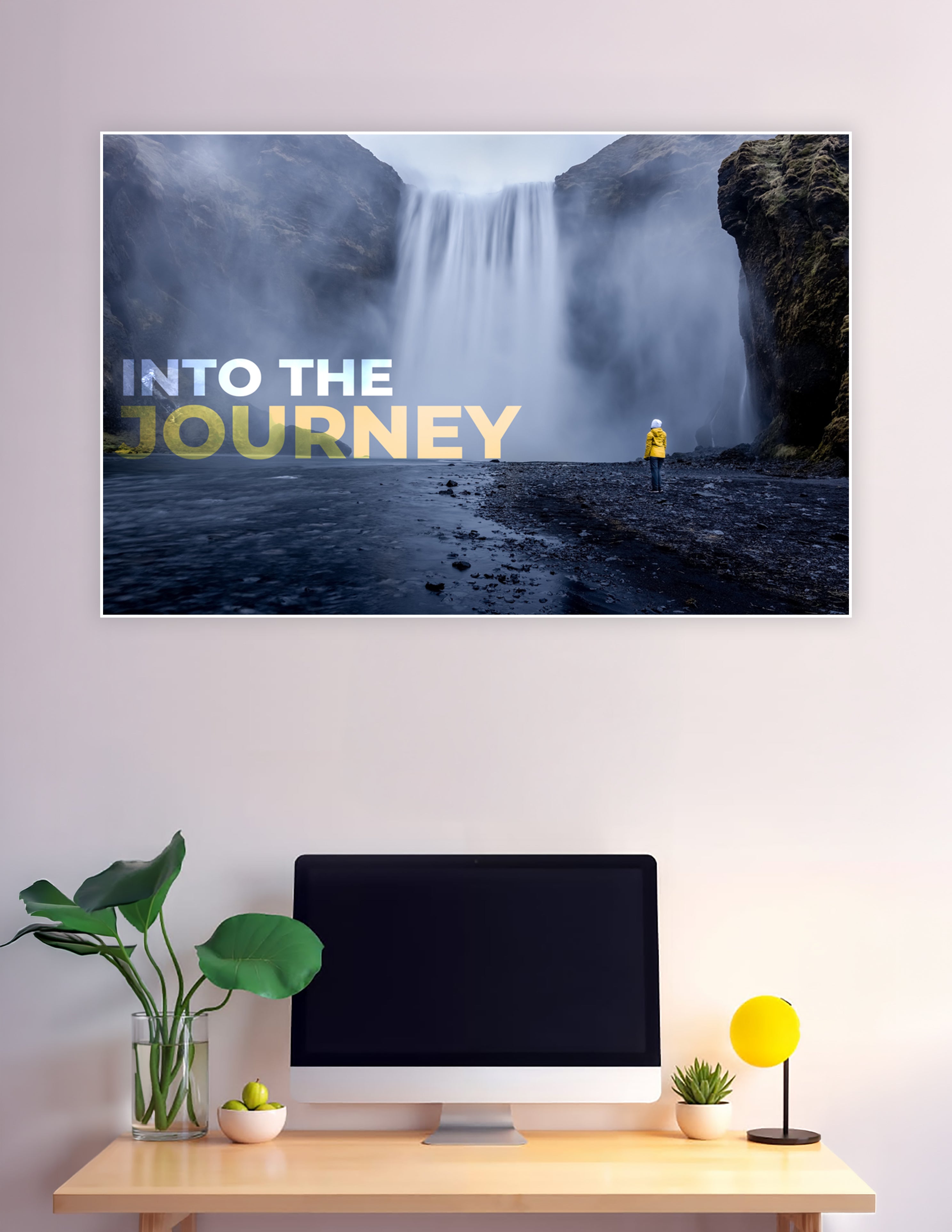 Person in yellow jacket facing massive misty waterfall poster