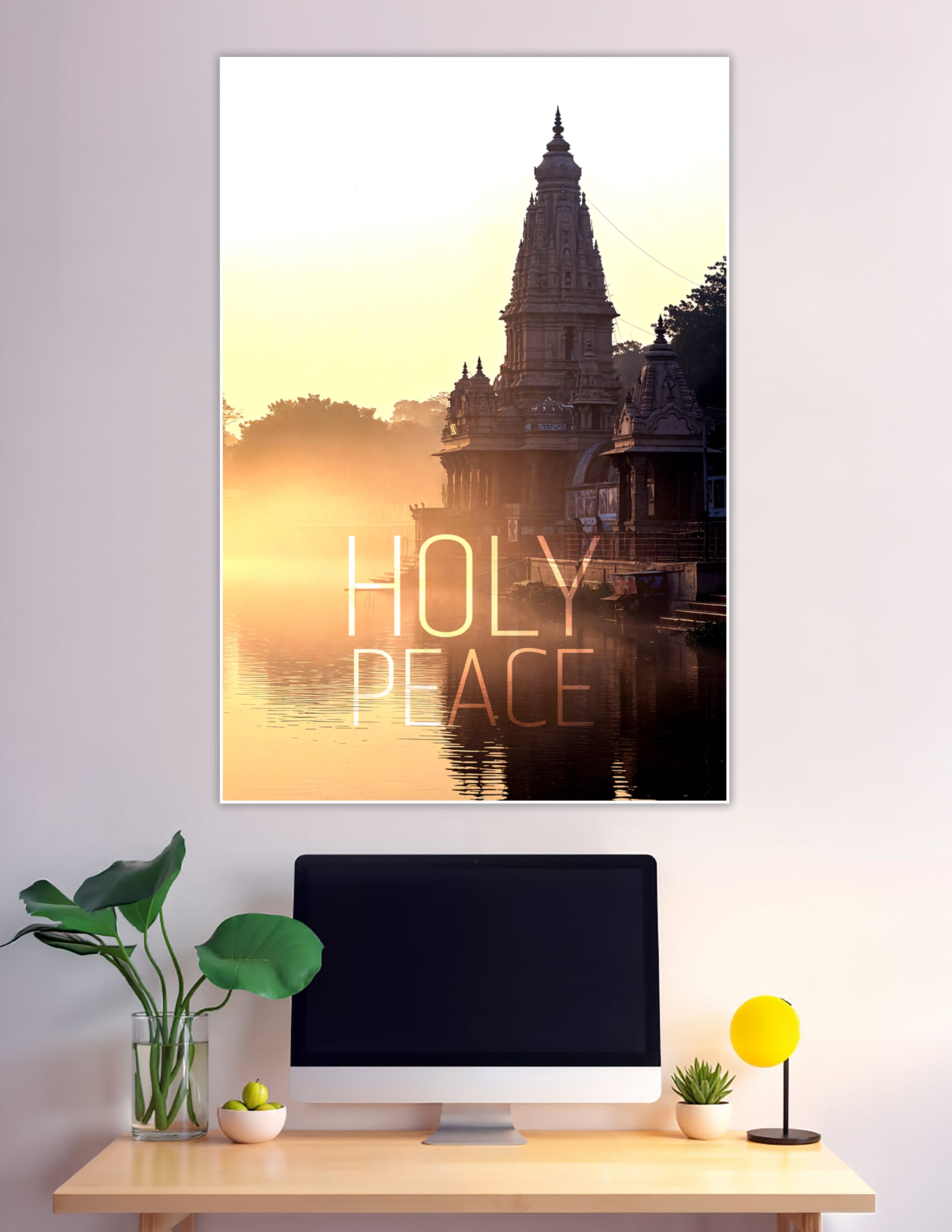 Golden sunrise over ancient Indian temple with misty reflection
