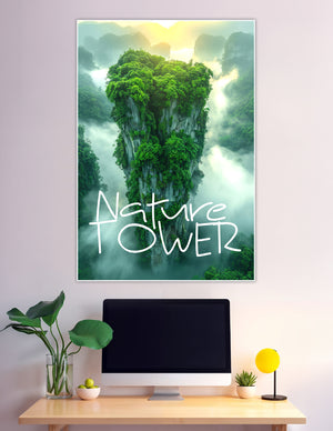 Tall mossy rock tower rising through misty jungle clouds