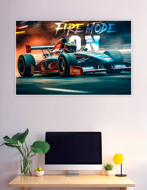 Fire Mode On formula race car speeding on track poster