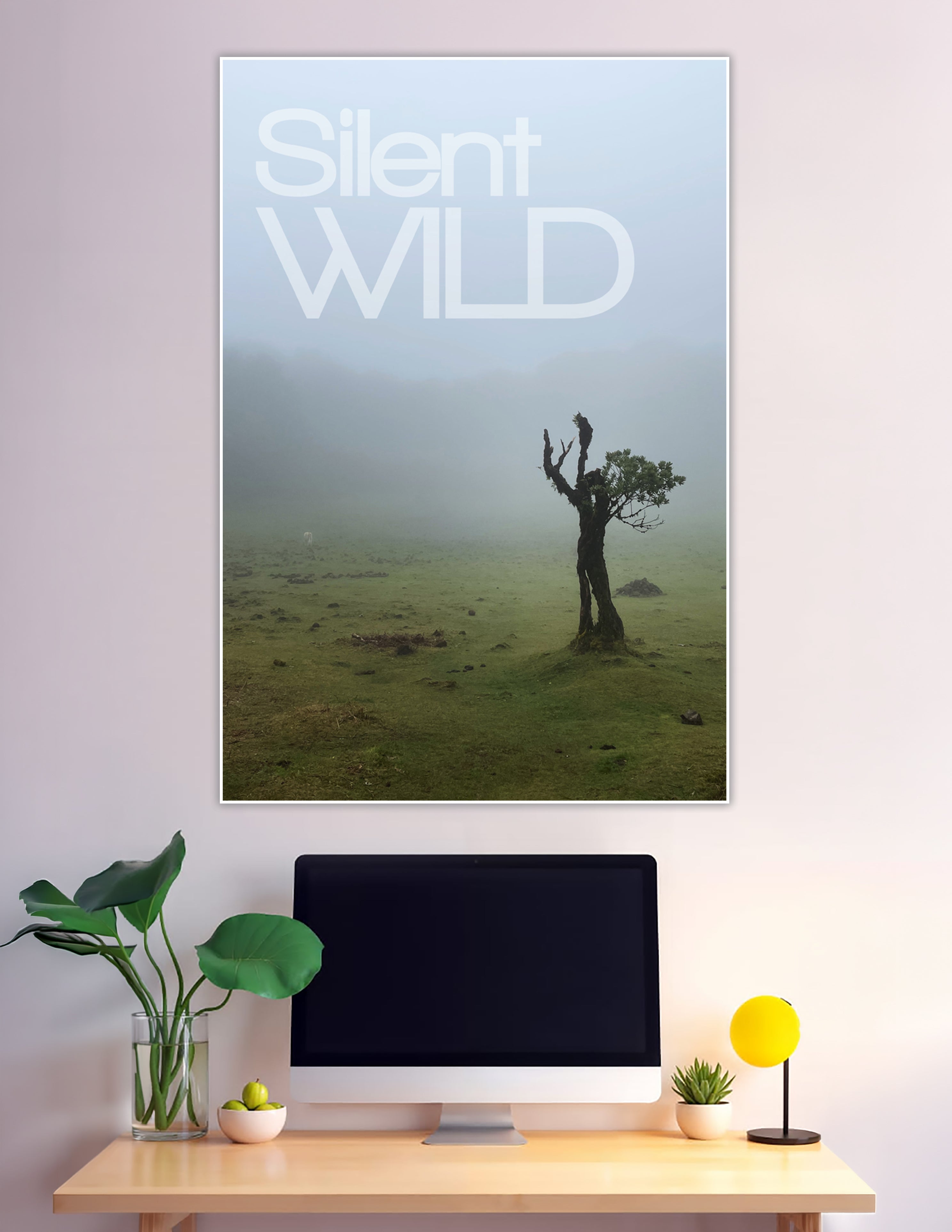 Lone gnarled tree in misty foggy wilderness landscape poster