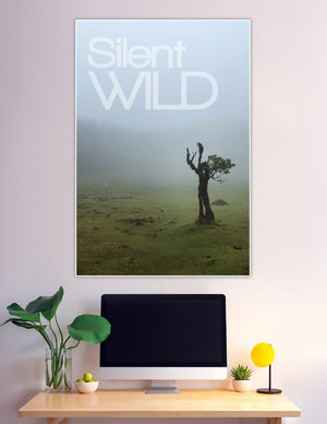 Lone gnarled tree in misty foggy wilderness landscape poster