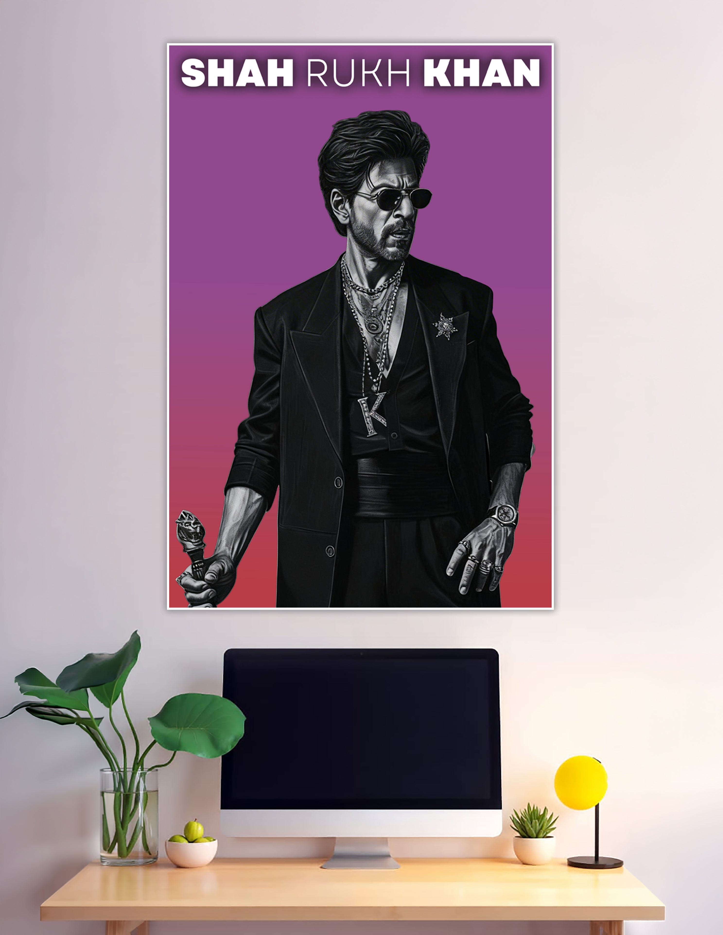Shah Rukh Khan illustrated poster in black suit purple background