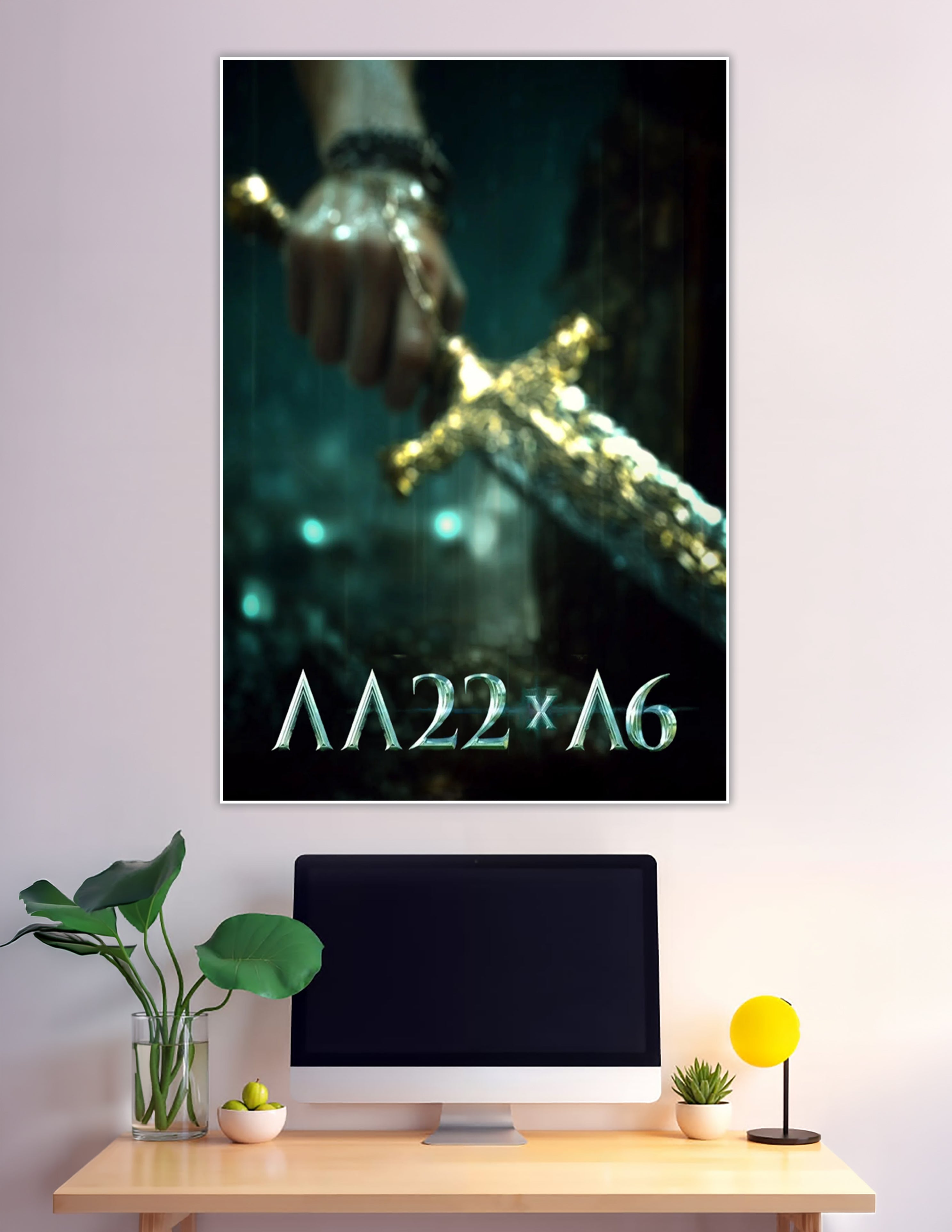 Hand reaching for glowing golden sword dark fantasy poster
