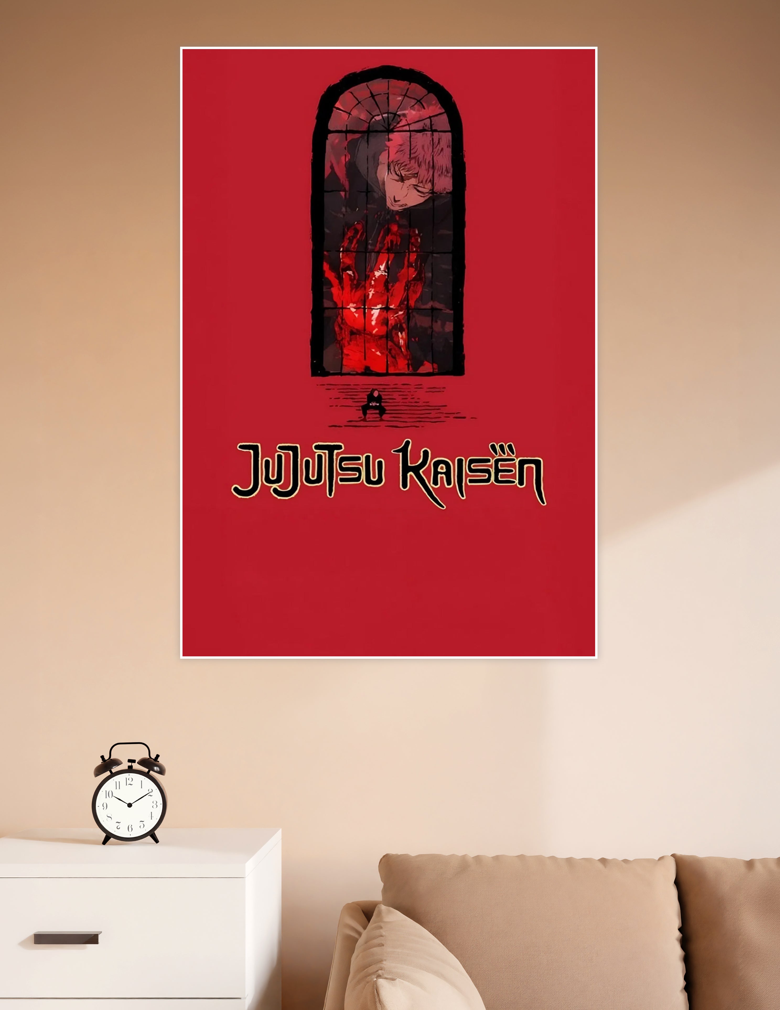 Jujutsu Kaisen anime poster with a crimson stained-glass window featuring a cursed hand and a lone figure on a red background