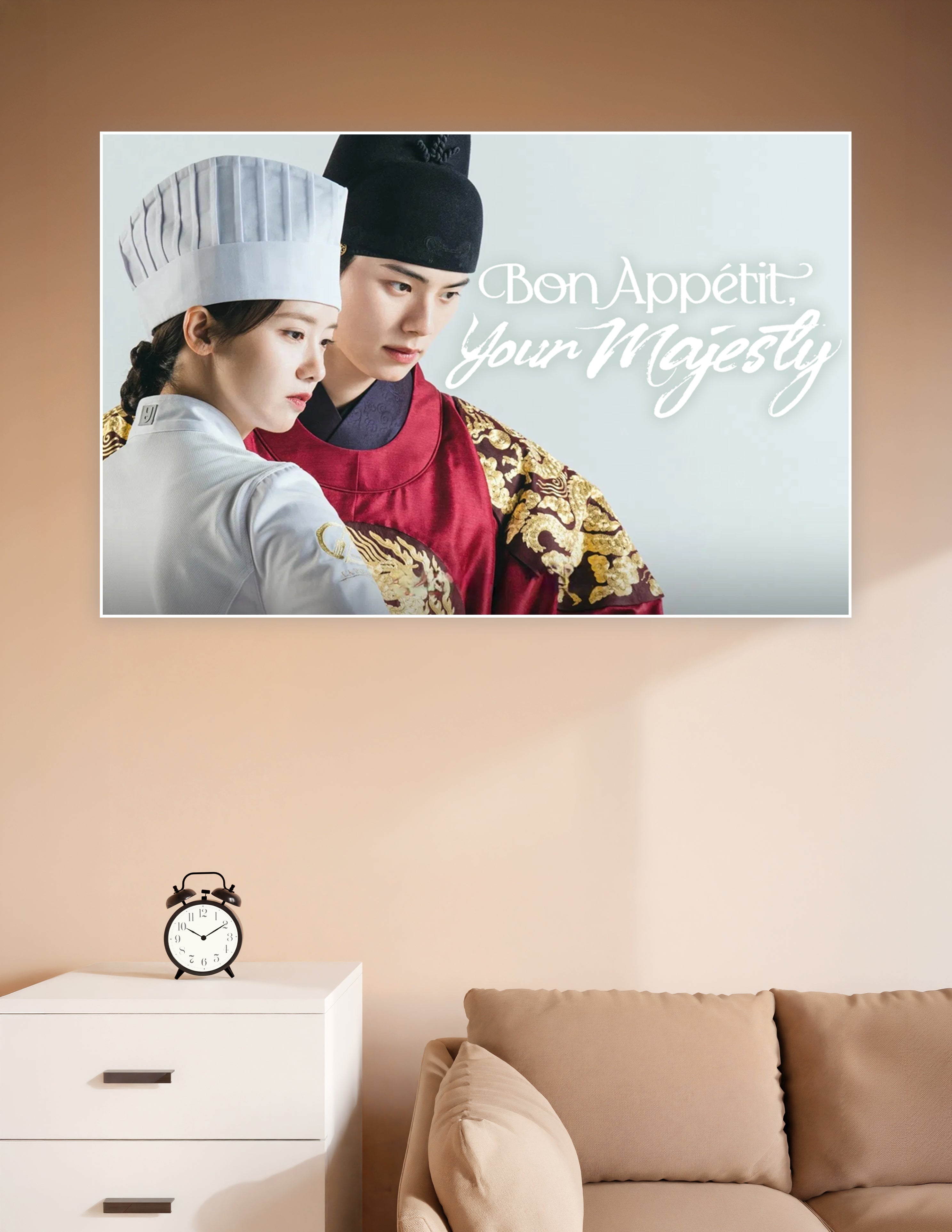 Bon Appétit Your Majesty Korean drama poster featuring a chef in white uniform and a king in gold embroidered royal robes against a light grey background