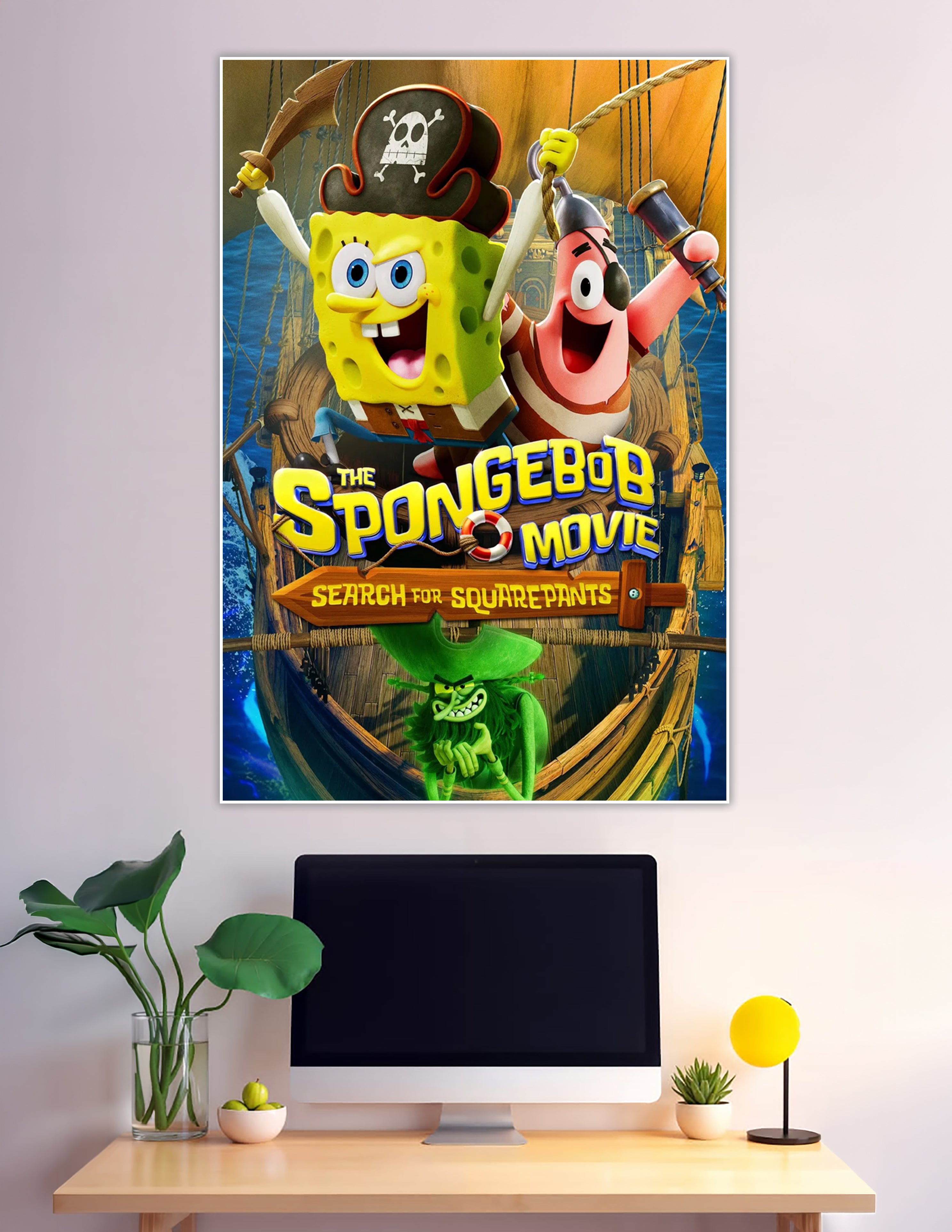 The SpongeBob Movie Search for SquarePants official movie poster featuring SpongeBob and Patrick Star dressed as pirates on a sailing ship with a green villain below