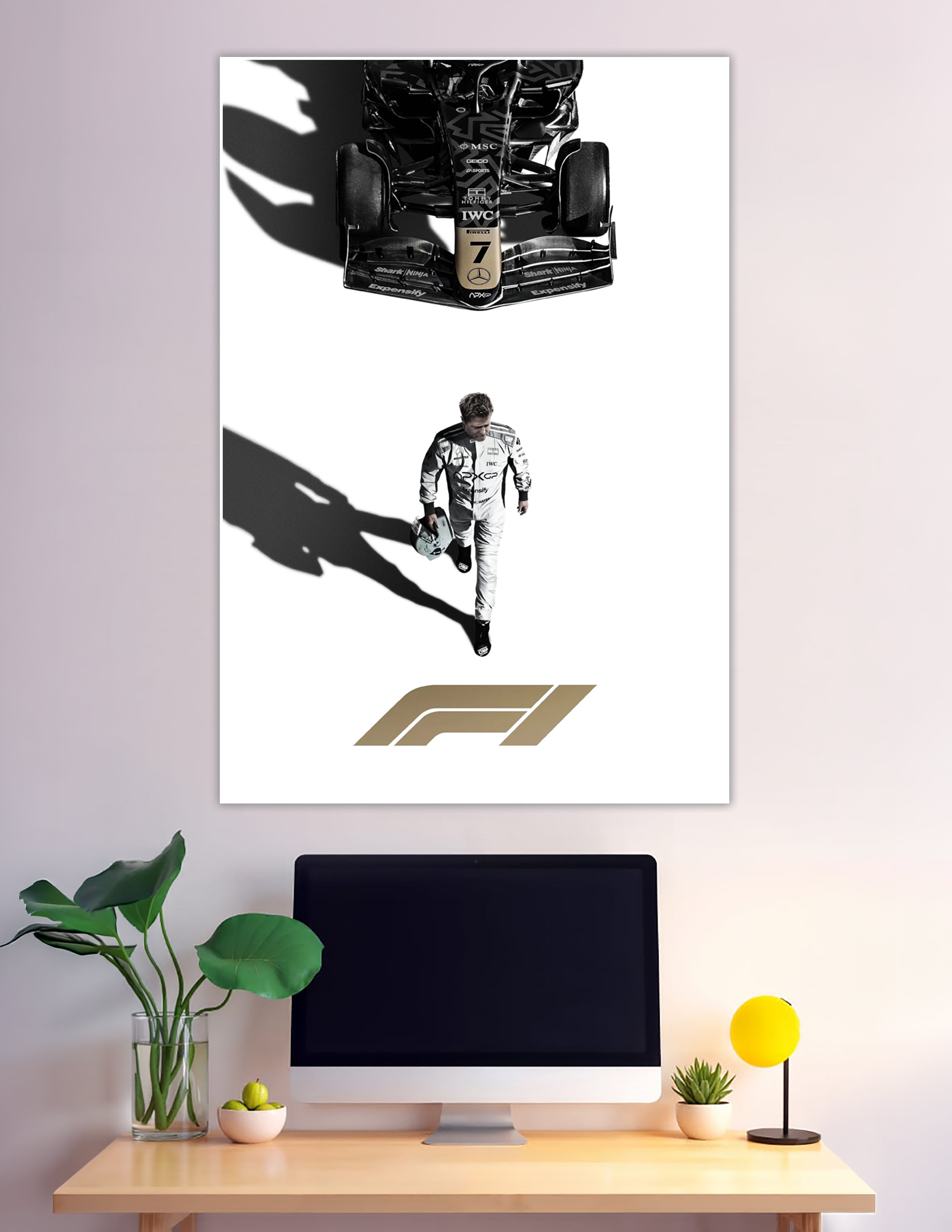 Formula 1 Mercedes car and driver with dramatic shadow poster