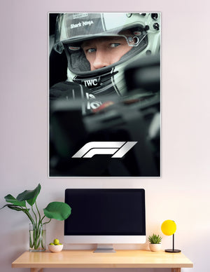 F1 driver in helmet focused inside racing cockpit