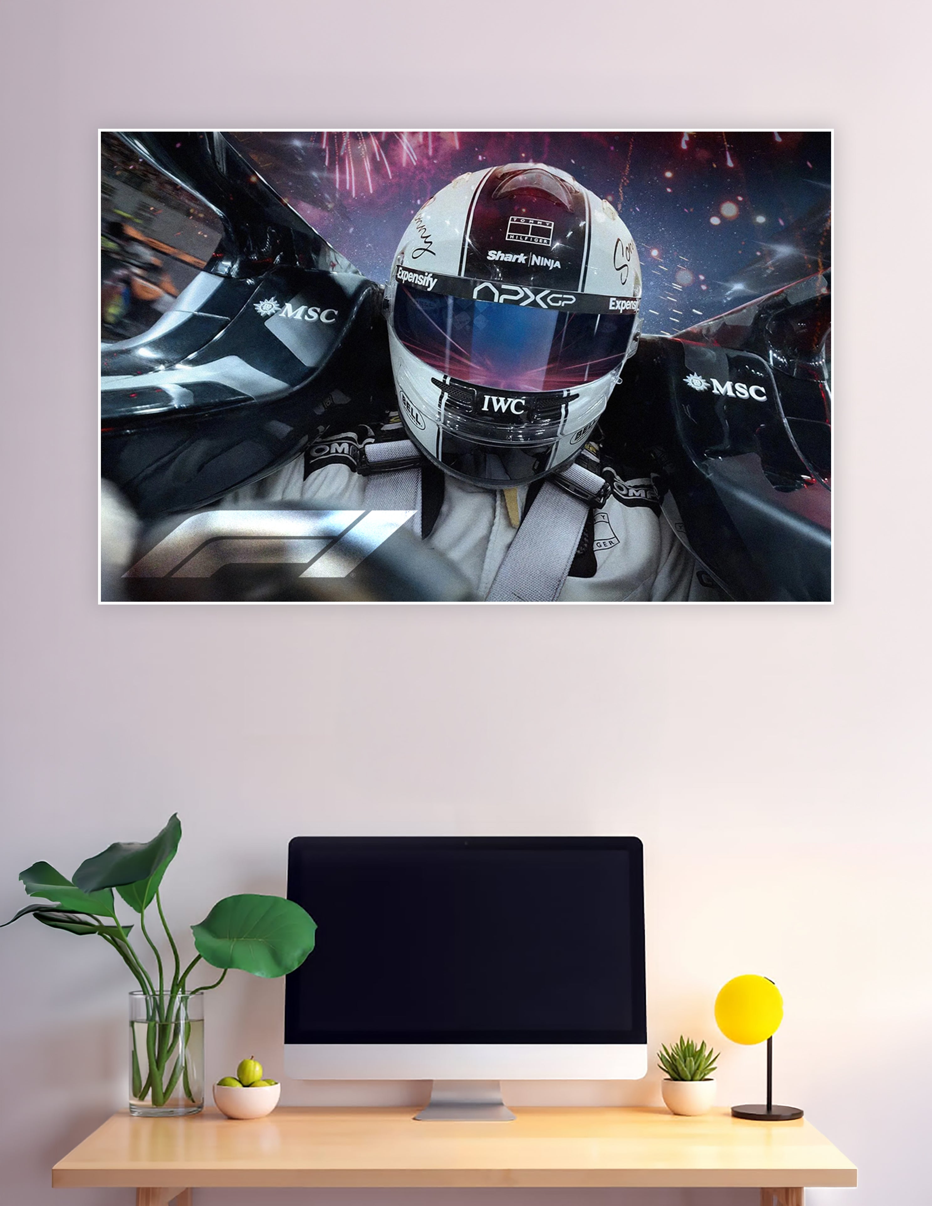 Formula 1 driver in helmet with F1 cars and fireworks