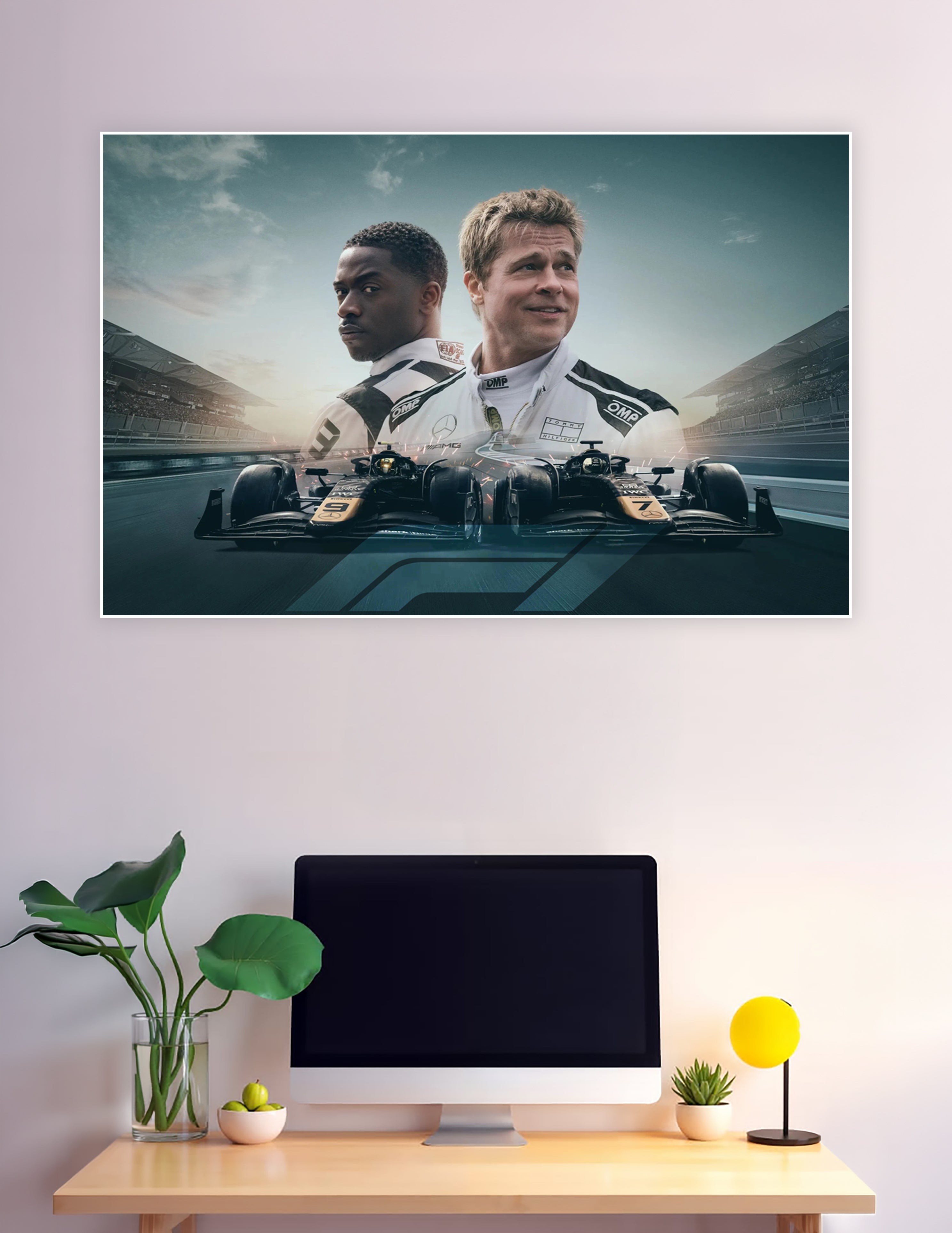 Cinematic Formula 1 movie poster featuring two drivers in OMP race suits back-to-back with black and gold F1 cars on a racetrack