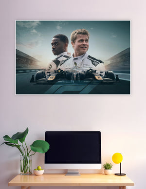 Cinematic Formula 1 movie poster featuring two drivers in OMP race suits back-to-back with black and gold F1 cars on a racetrack