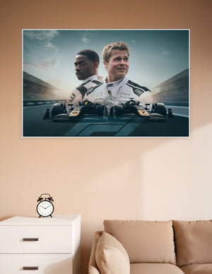 Cinematic Formula 1 movie poster featuring two drivers in OMP race suits back-to-back with black and gold F1 cars on a racetrack
