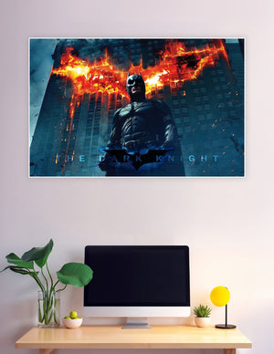 Batman standing in front of a burning bat signal on a Gotham skyscraper — The Dark Knight movie poster print