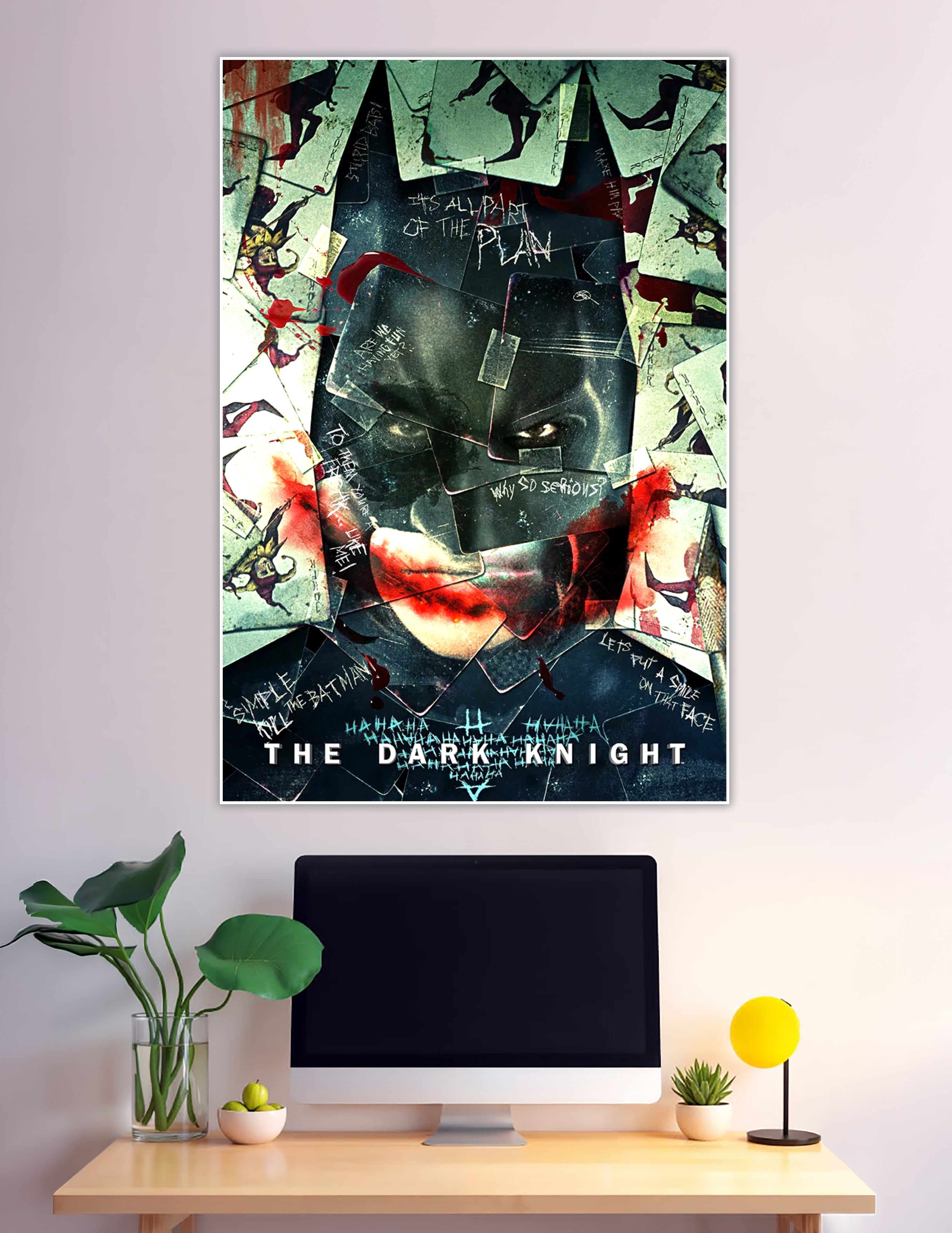 The Dark Knight movie poster featuring the Joker's face composed of shattered playing cards, blood splatter, and handwritten quotes including 'Why so serious?' and 'It's all part of the plan', with Batman's silhouette outline