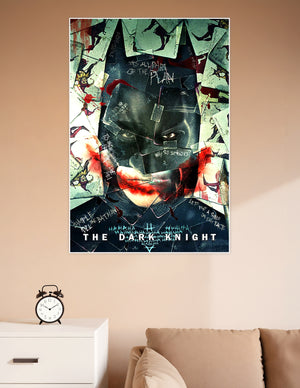 The Dark Knight movie poster featuring the Joker's face composed of shattered playing cards, blood splatter, and handwritten quotes including 'Why so serious?' and 'It's all part of the plan', with Batman's silhouette outline