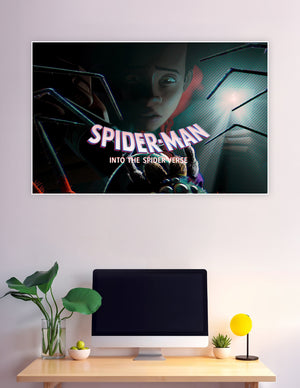 Spider-Man Into the Spider-Verse animated movie poster showing Miles Morales face-to-face with a large radioactive spider in dark cinematic lighting