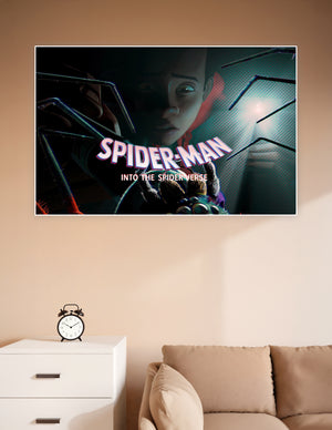 Spider-Man Into the Spider-Verse animated movie poster showing Miles Morales face-to-face with a large radioactive spider in dark cinematic lighting