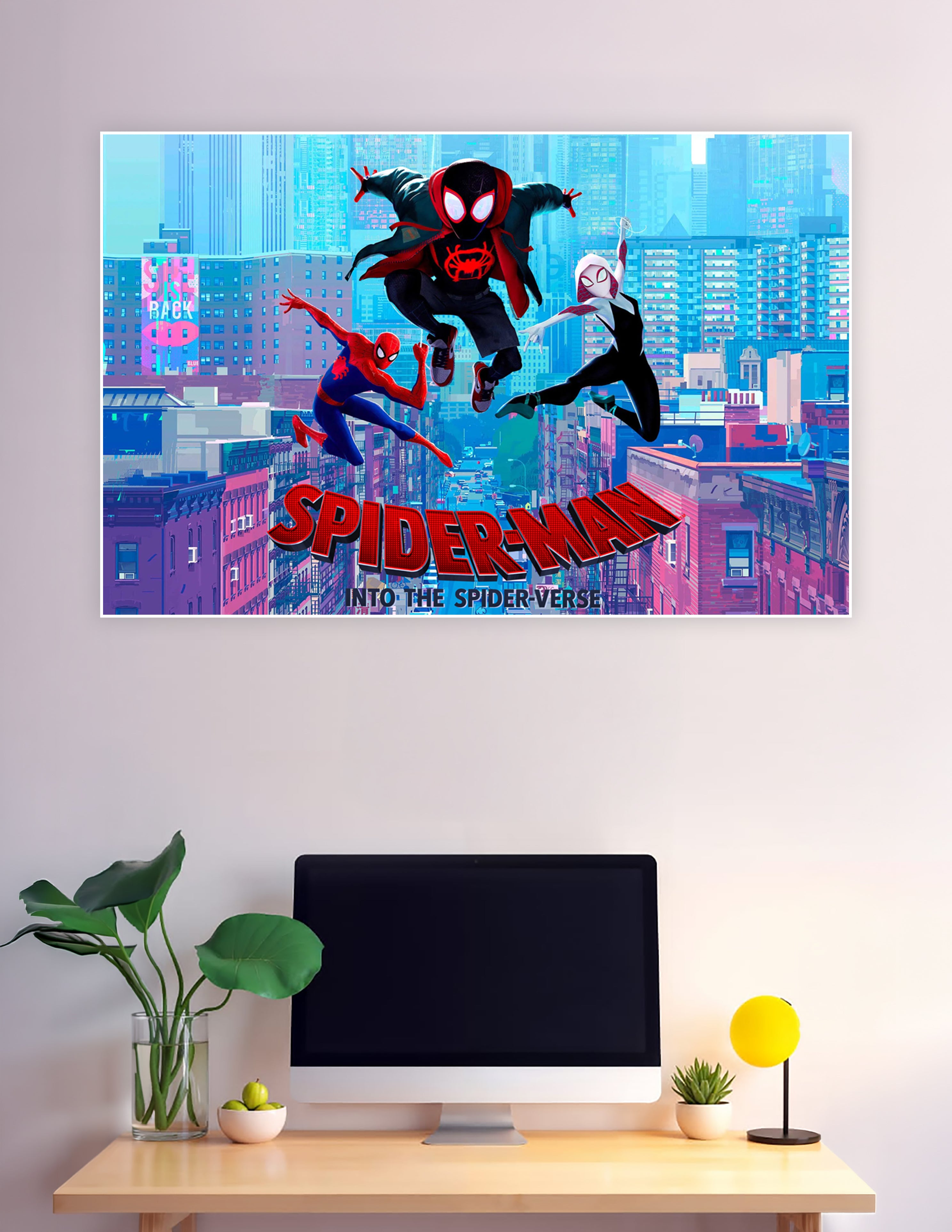 Spider-Man Into the Spider-Verse animated movie poster featuring Miles Morales, Peter Parker, and Spider-Gwen leaping over a neon New York City skyline