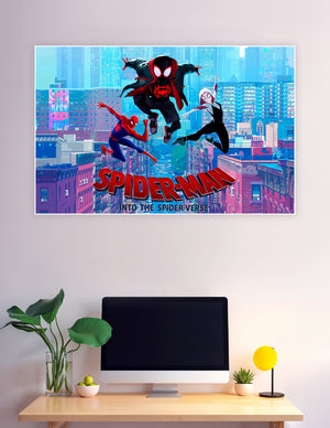 Spider-Man Into the Spider-Verse animated movie poster featuring Miles Morales, Peter Parker, and Spider-Gwen leaping over a neon New York City skyline