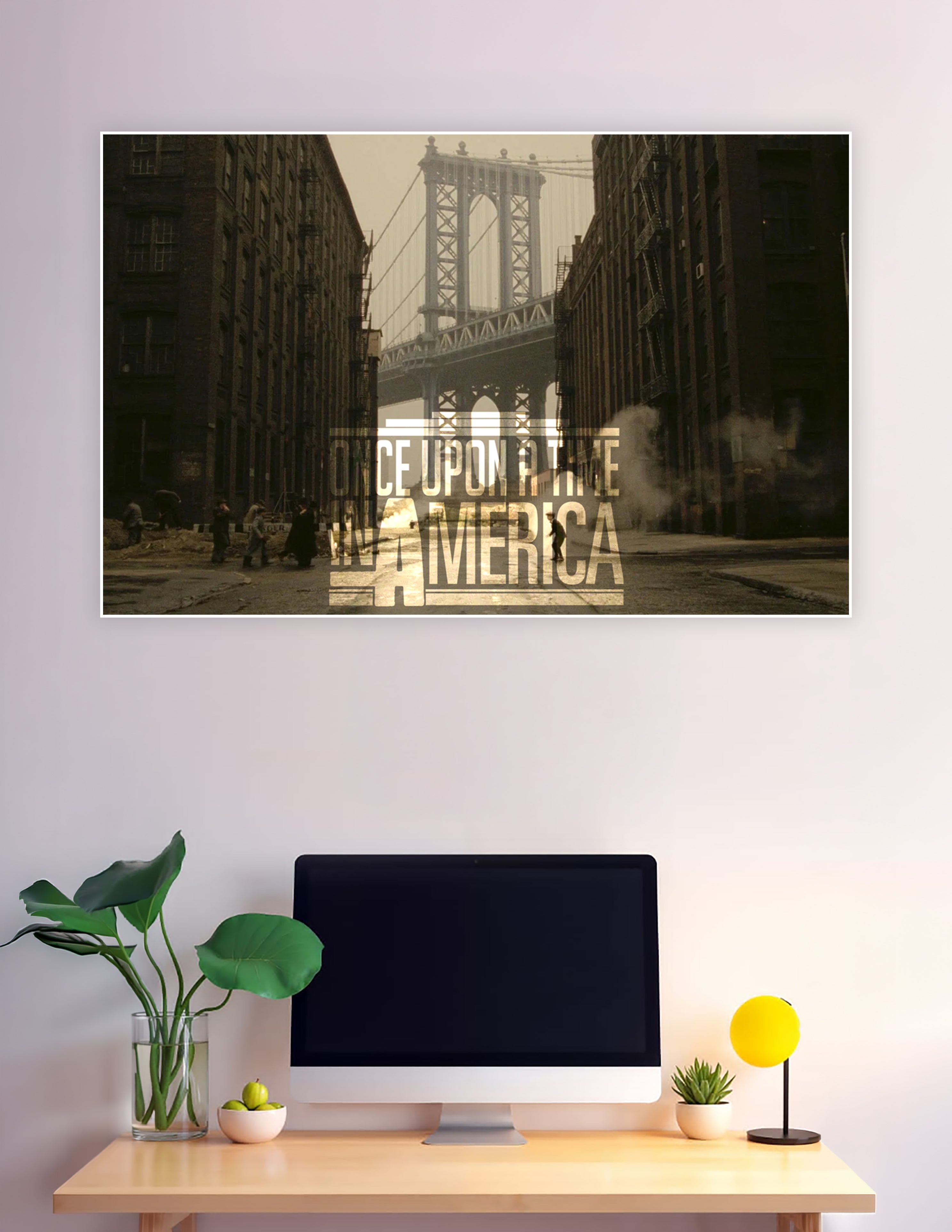 Once Upon a Time in America movie poster showing the Manhattan Bridge framed by dark Brooklyn tenement buildings with period street life in sepia tones
