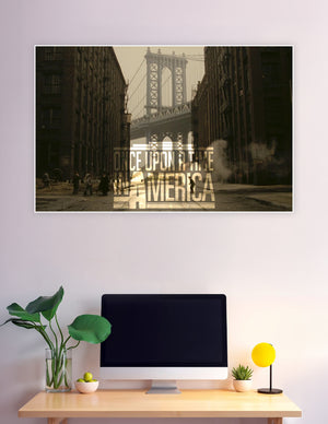 Once Upon a Time in America movie poster showing the Manhattan Bridge framed by dark Brooklyn tenement buildings with period street life in sepia tones