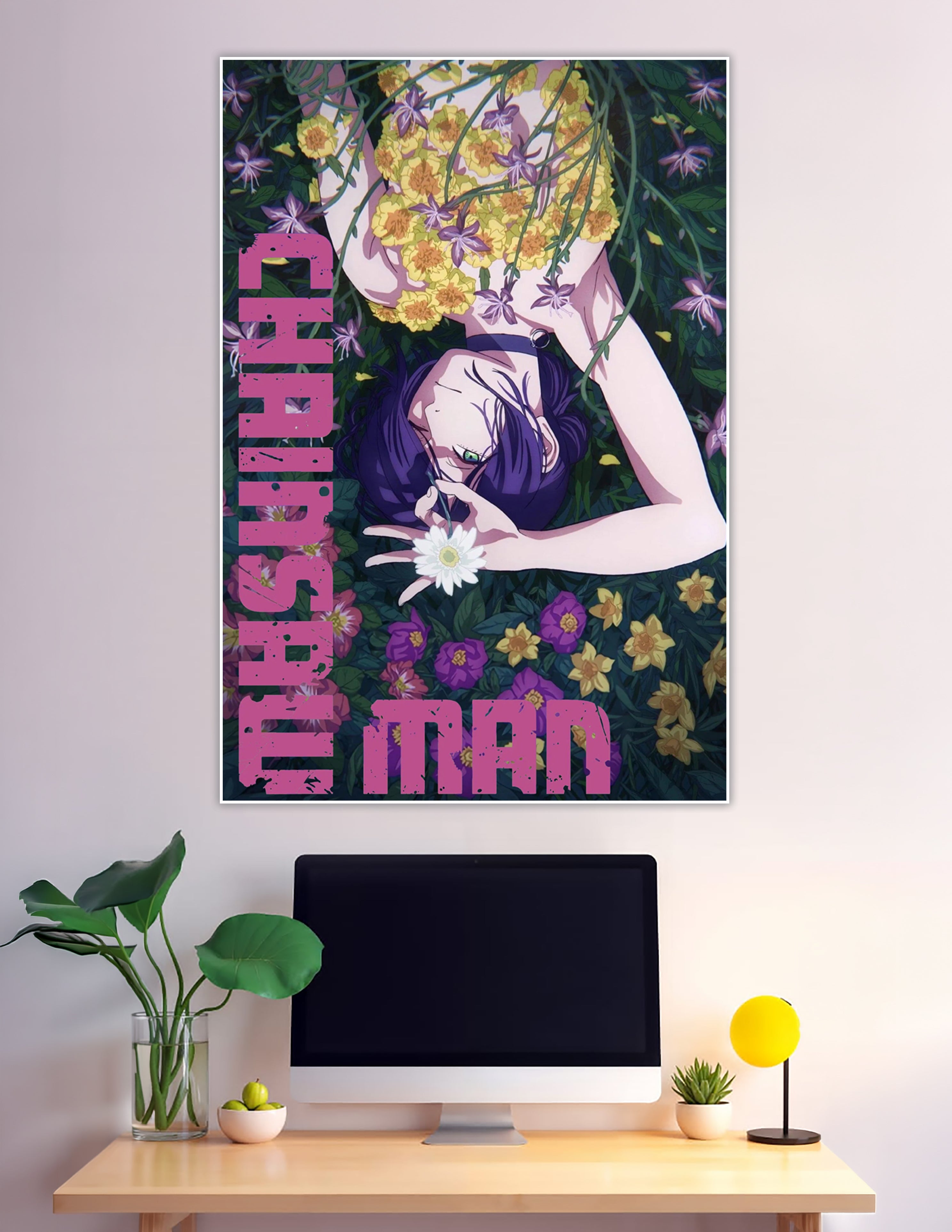 Chainsaw Man anime poster purple hair character among flowers