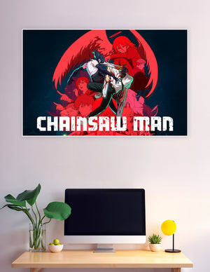 Chainsaw Man anime poster with Denji and cast in red