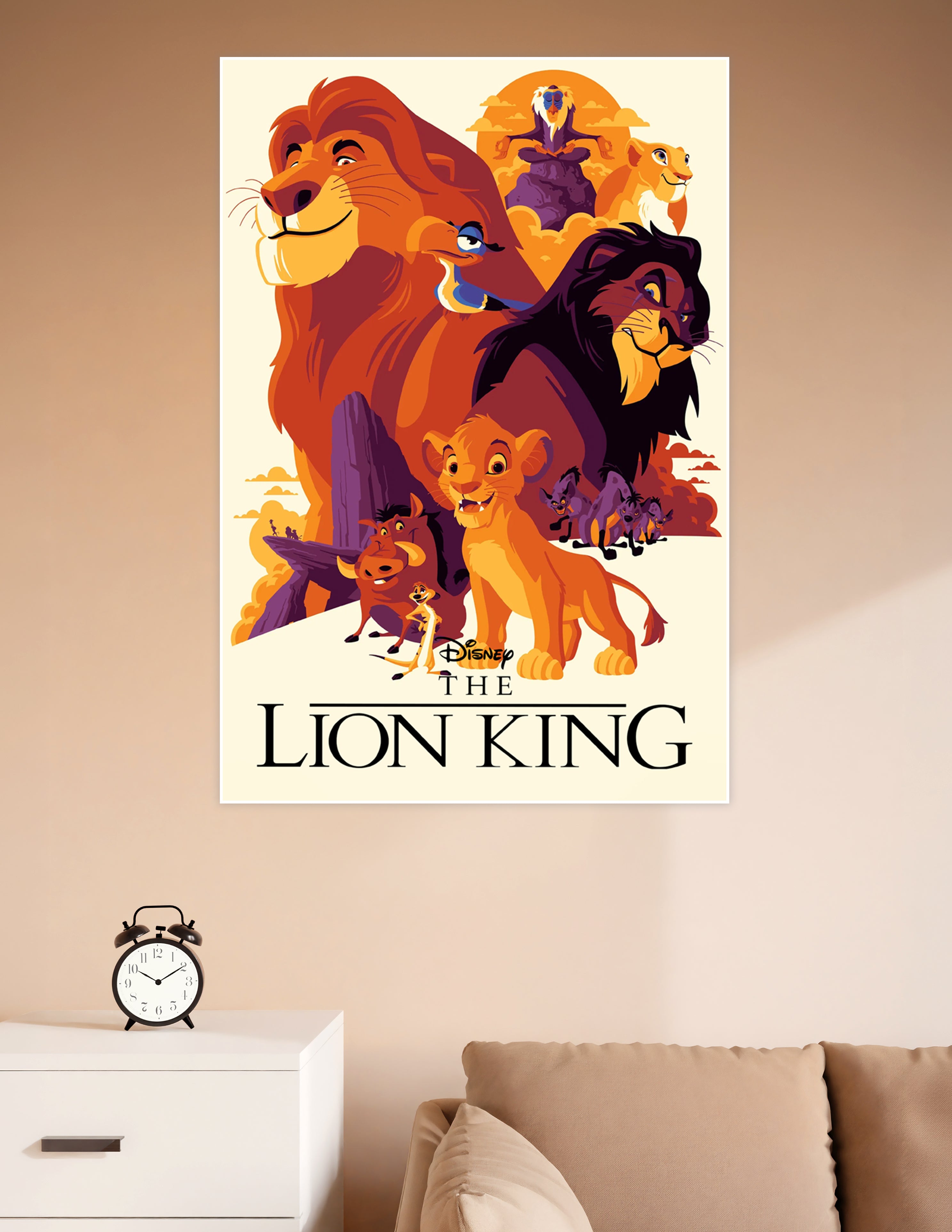 Stylized Disney Lion King poster featuring Simba, Mufasa, Scar, Rafiki, Timon, Pumbaa, and Nala in a bold warm illustrated art style