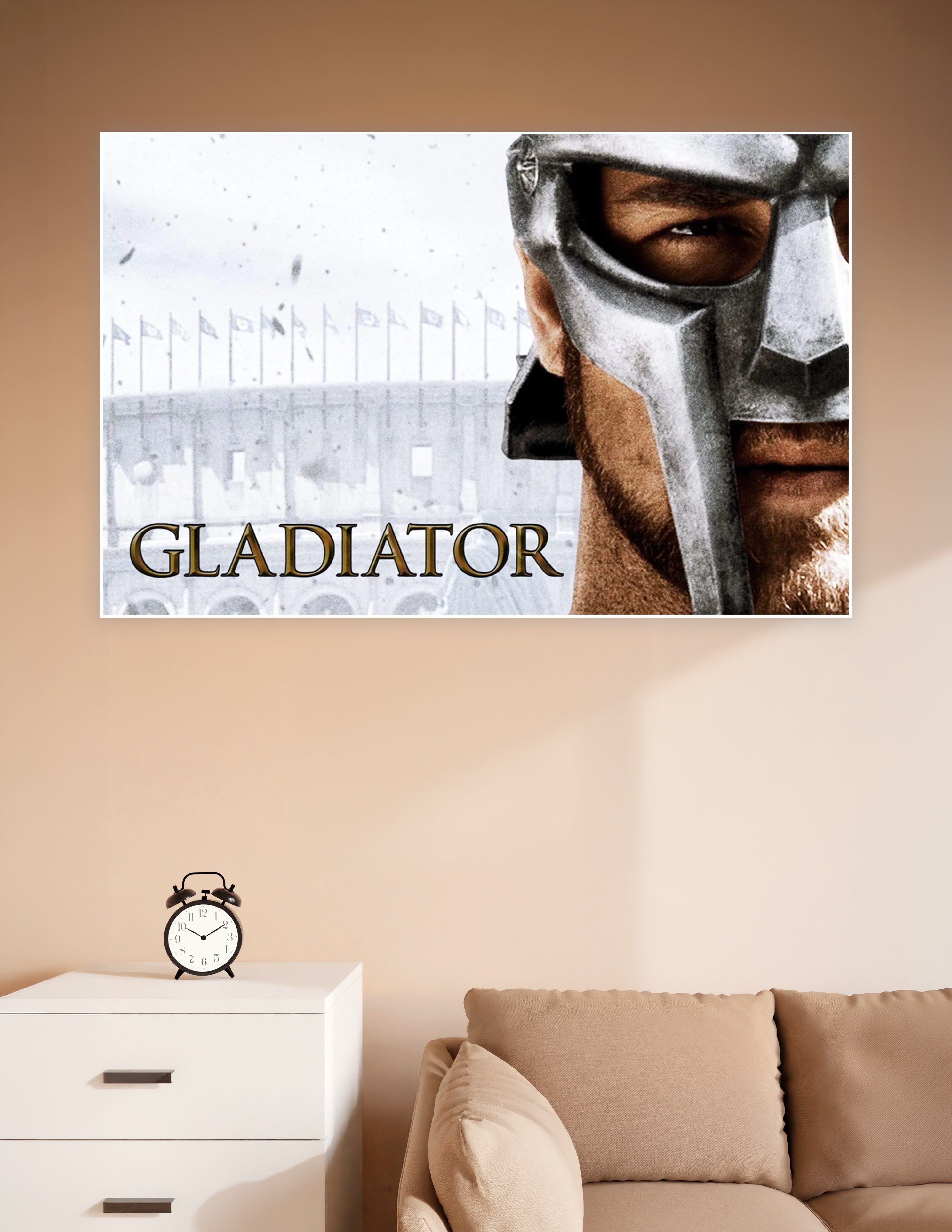 Close-up of a gladiator in a silver Roman helmet with the Colosseum in the background and the word GLADIATOR in bold gold text