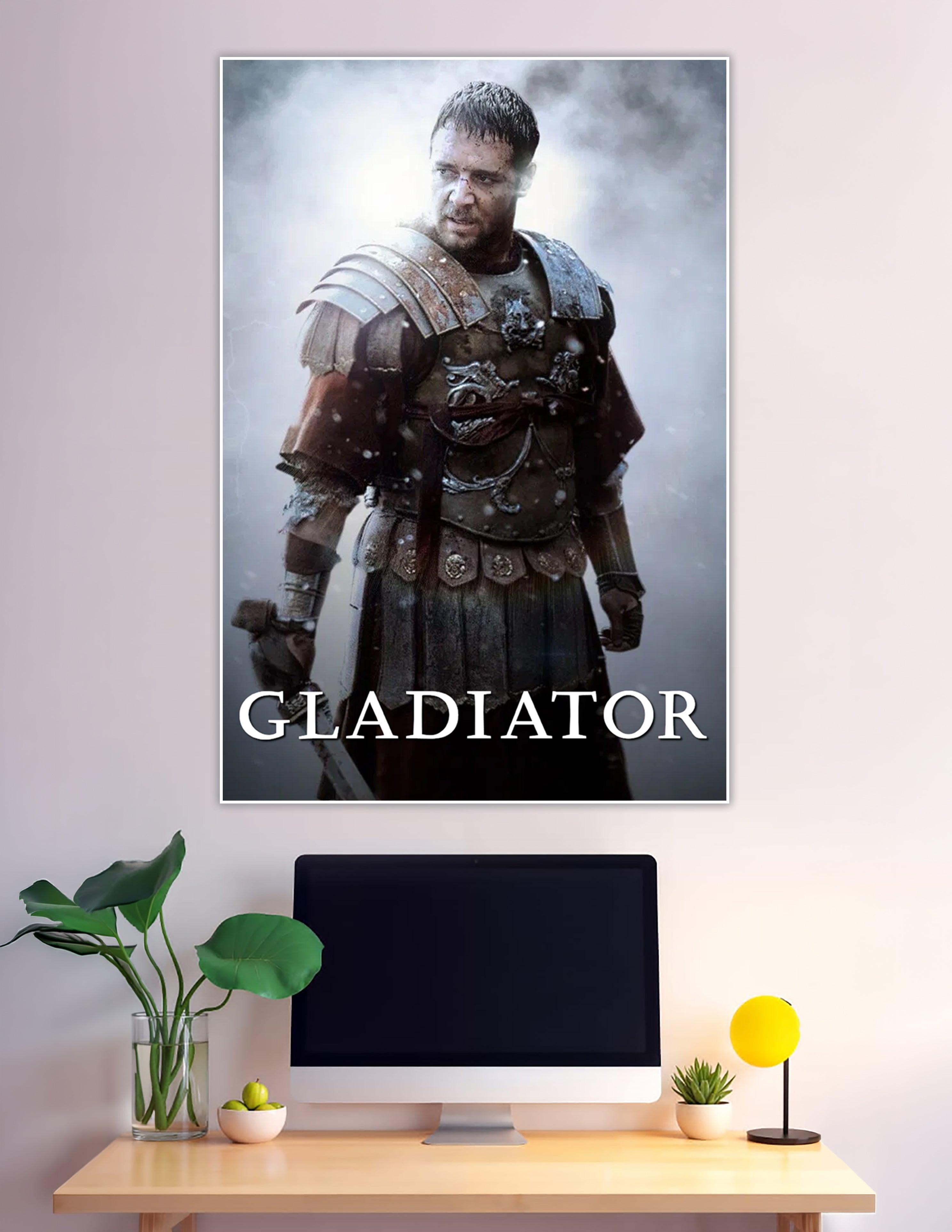 Gladiator movie poster featuring a battle-worn Roman warrior in ornate armor standing in misty atmospheric lighting with the title Gladiator at the bottom