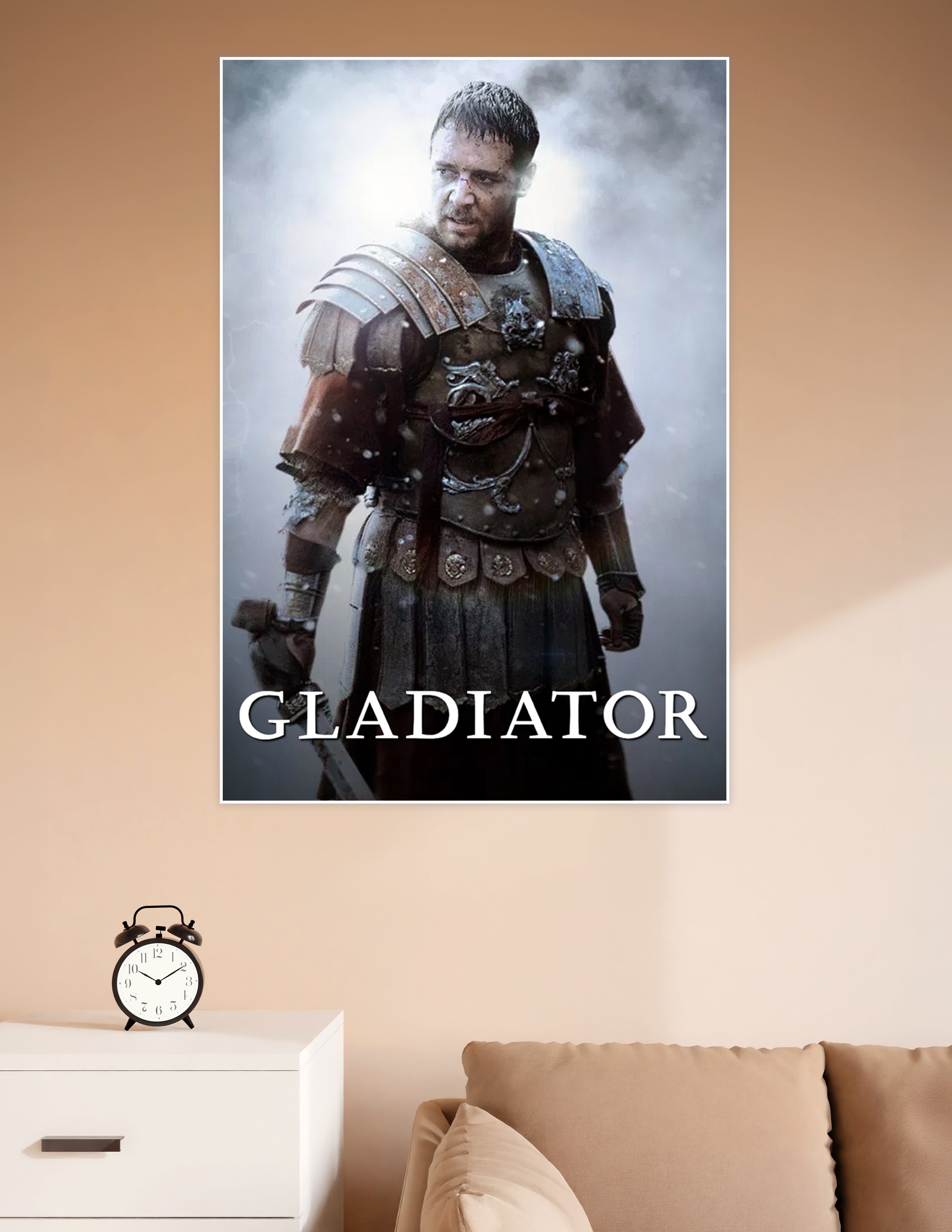 Gladiator movie poster featuring a battle-worn Roman warrior in ornate armor standing in misty atmospheric lighting with the title Gladiator at the bottom