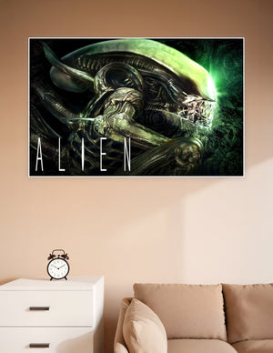 Close-up Alien Xenomorph poster with glowing green bioluminescent background and detailed biomechanical texture, titled ALIEN