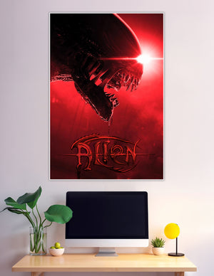 Red-toned Alien xenomorph dripping jaws horror movie poster