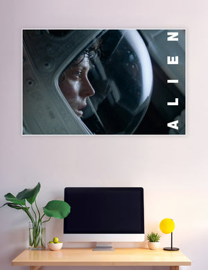 Close-up cinematic poster of a sweating astronaut inside a space helmet with the word ALIEN, dramatic moody lighting in cool blue tones