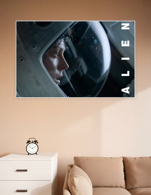 Close-up cinematic poster of a sweating astronaut inside a space helmet with the word ALIEN, dramatic moody lighting in cool blue tones