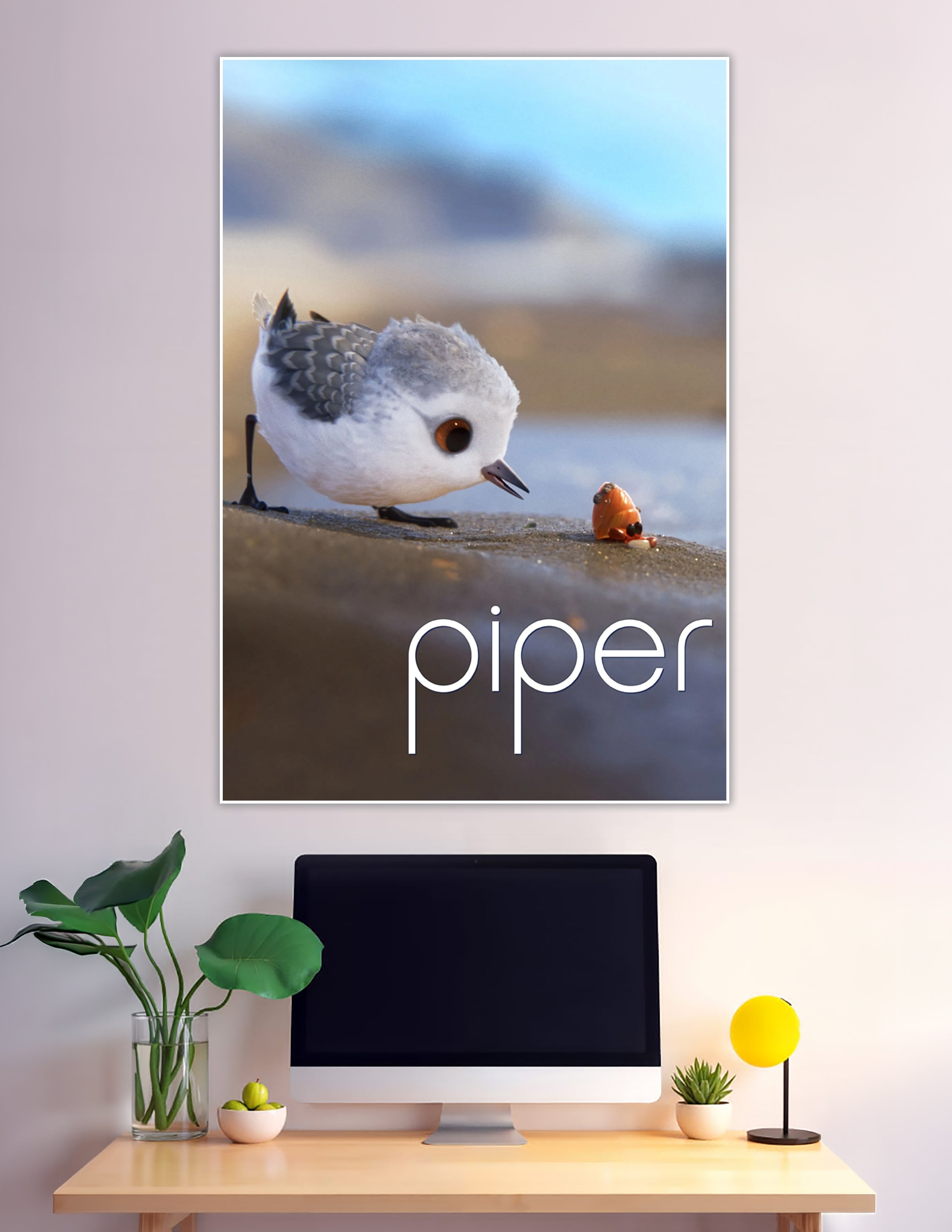 Pixar Piper animated short film poster showing a fluffy baby sandpiper bird facing a small hermit crab on a sandy beach with soft golden light
