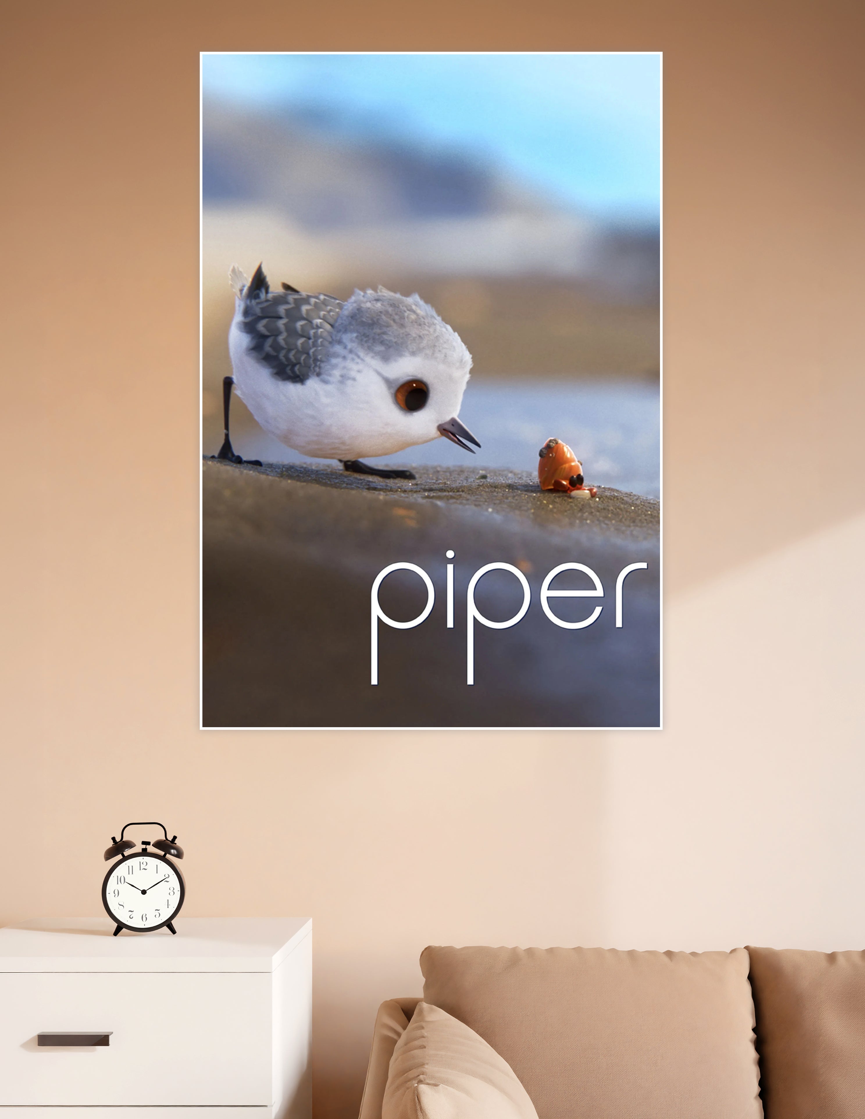 Pixar Piper animated short film poster showing a fluffy baby sandpiper bird facing a small hermit crab on a sandy beach with soft golden light