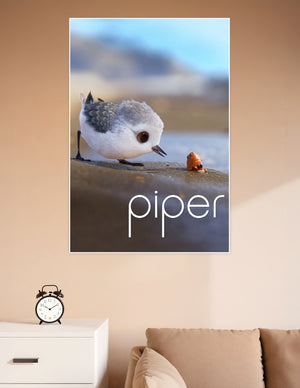 Pixar Piper animated short film poster showing a fluffy baby sandpiper bird facing a small hermit crab on a sandy beach with soft golden light