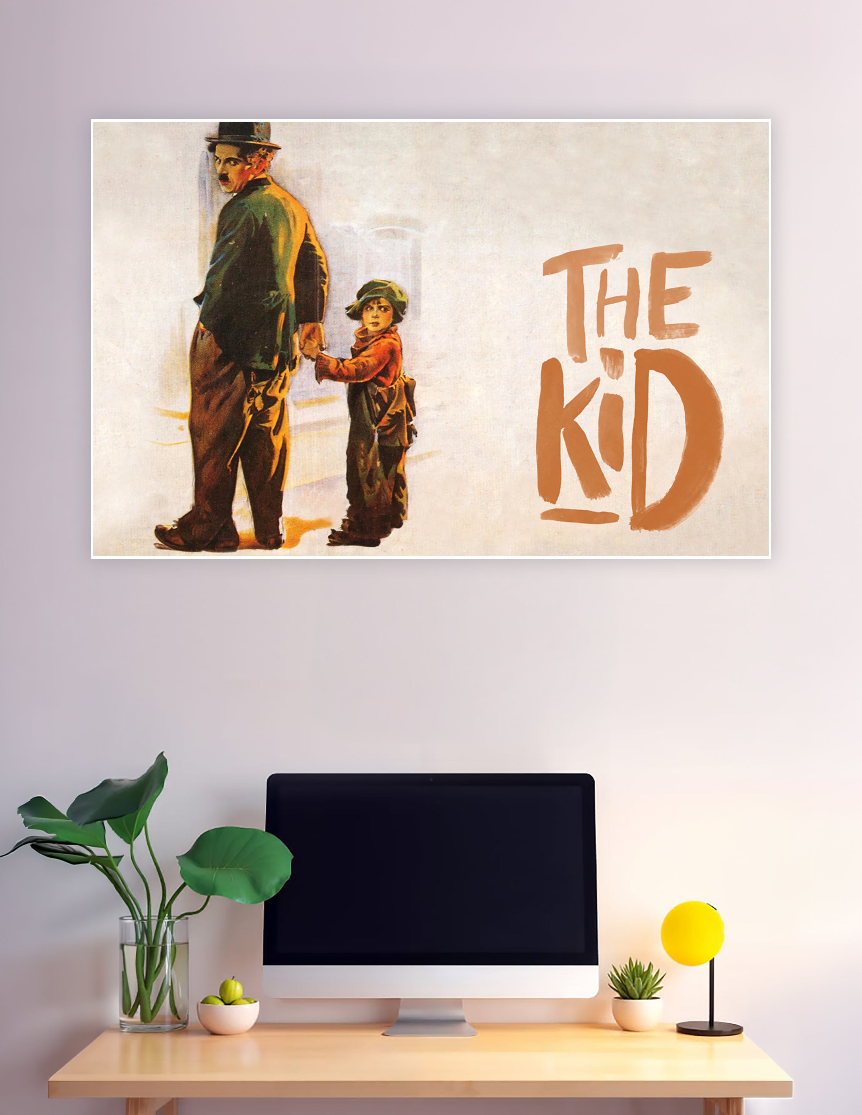 Vintage illustrated poster of Charlie Chaplin as the Tramp holding hands with a young boy from the 1921 silent film The Kid, with warm earthy tones and bold title lettering