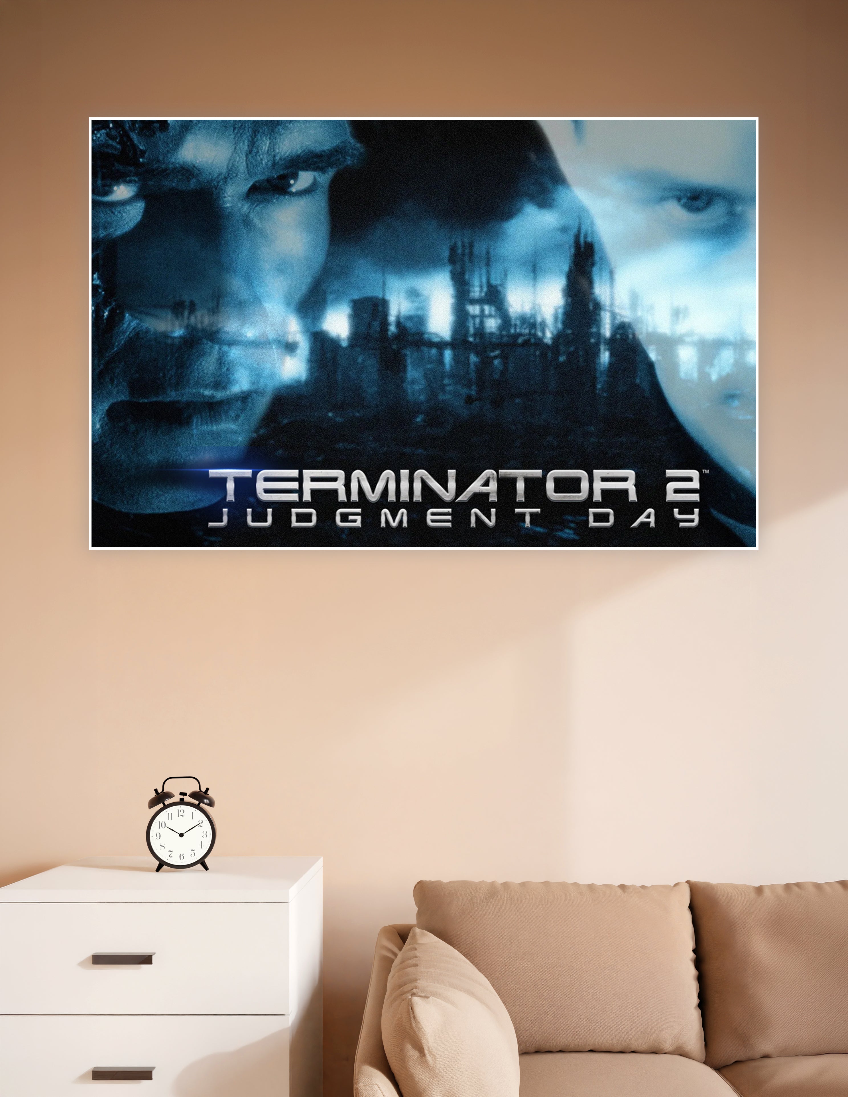Terminator 2 Judgment Day movie poster with dual-face blue-toned composition and dystopian cityscape background