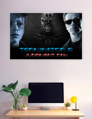 Terminator 2 Judgment Day movie poster featuring the T-800 endoskeleton with glowing red eyes, Sarah Connor, and the Terminator in sunglasses on a dark dramatic background
