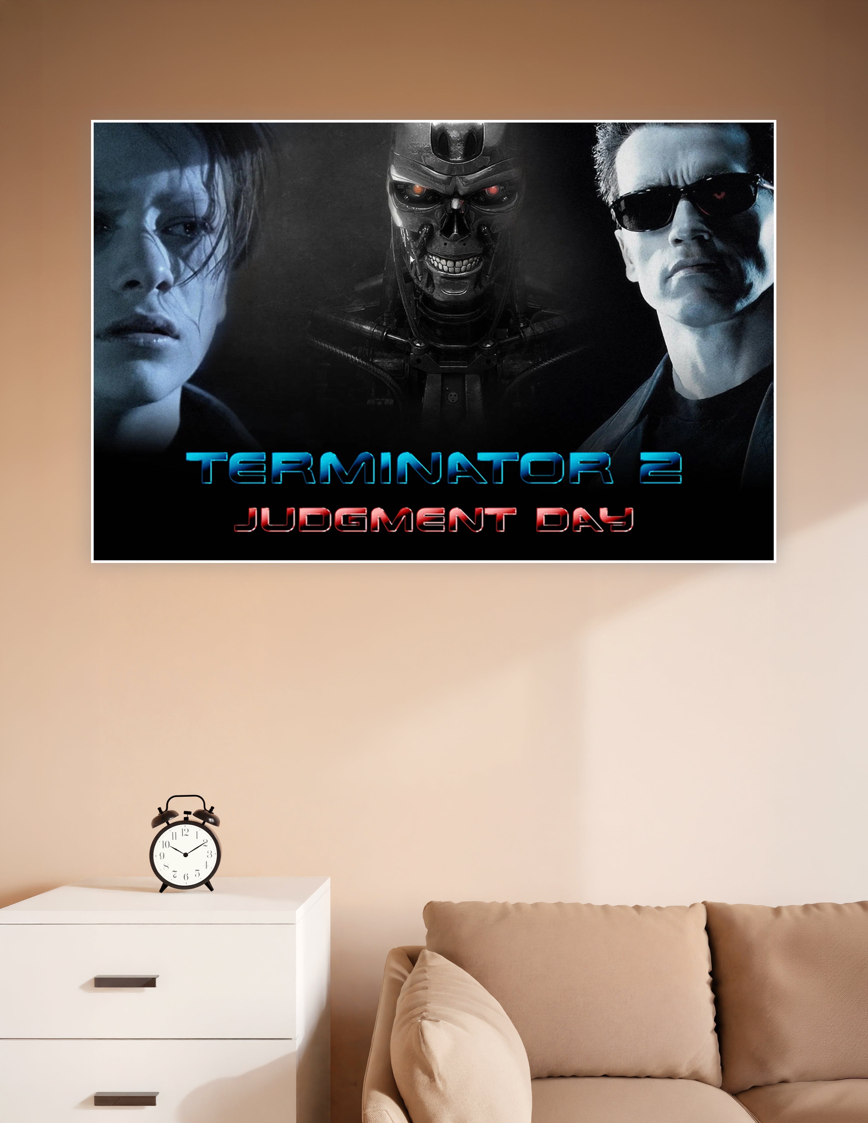 Terminator 2 Judgment Day movie poster featuring the T-800 endoskeleton with glowing red eyes, Sarah Connor, and the Terminator in sunglasses on a dark dramatic background