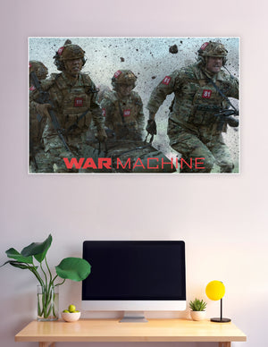War Machine movie poster showing soldiers in camouflage gear with numbered red badges charging through an explosive battlefield with debris flying