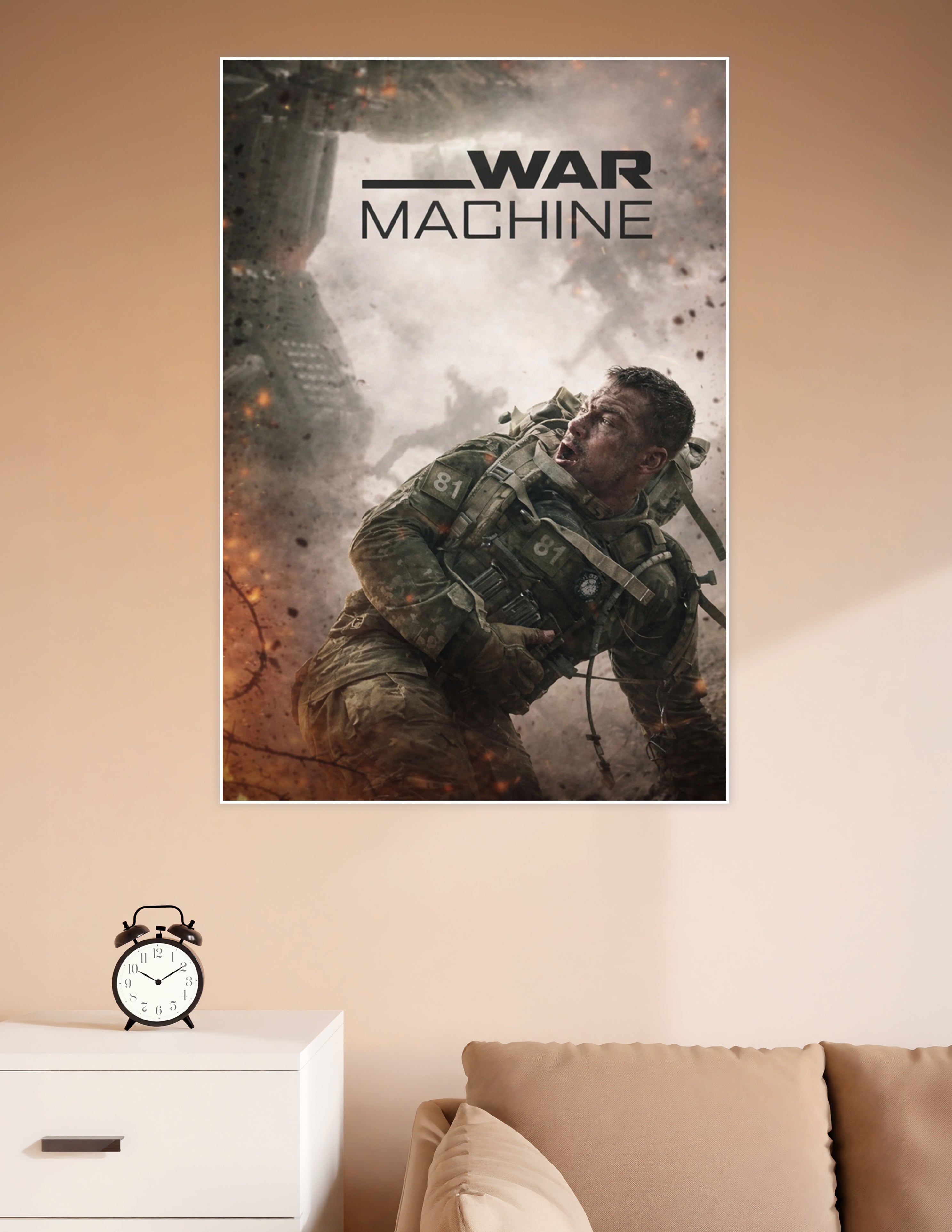 War Machine movie poster showing a soldier in tactical gear charging through fire and explosive destruction with the title text overhead