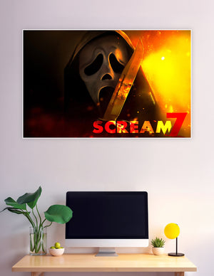 Scream 7 Ghostface masked killer holding knife fire background