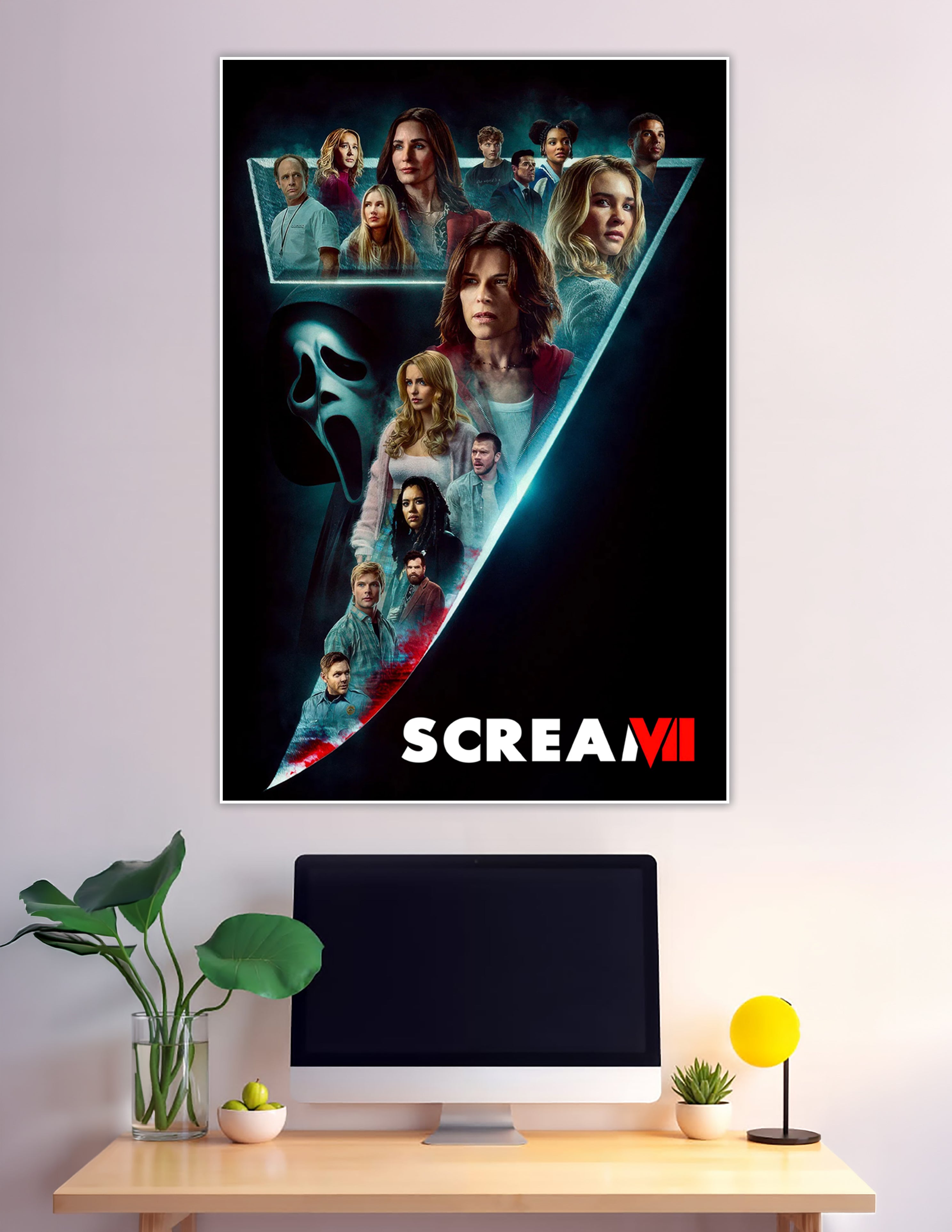 Scream VI official movie poster featuring Ghostface mask and full cast ensemble in dark teal and black dramatic composition