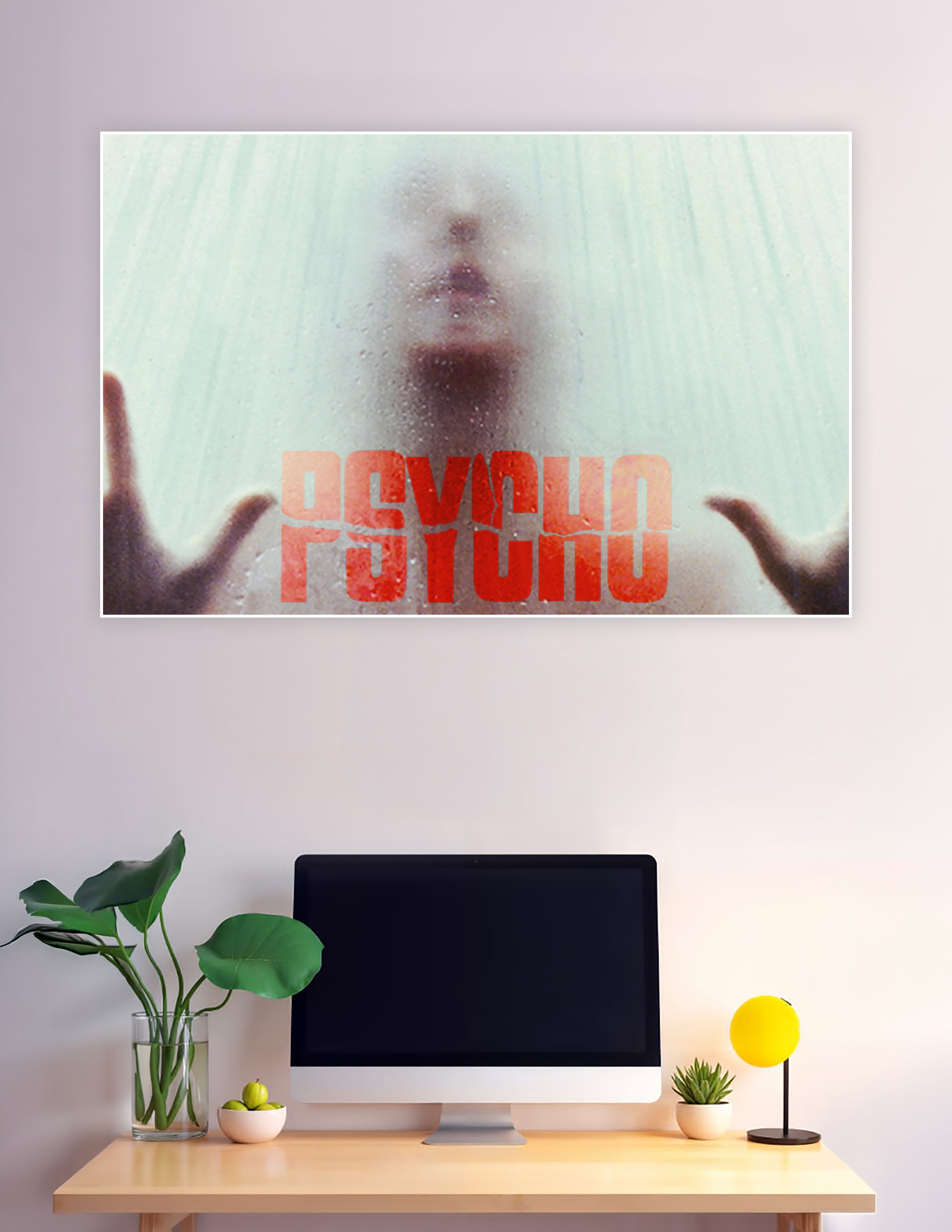 Psycho horror movie poster showing a dark silhouette behind a frosted shower screen with bold red Psycho title text