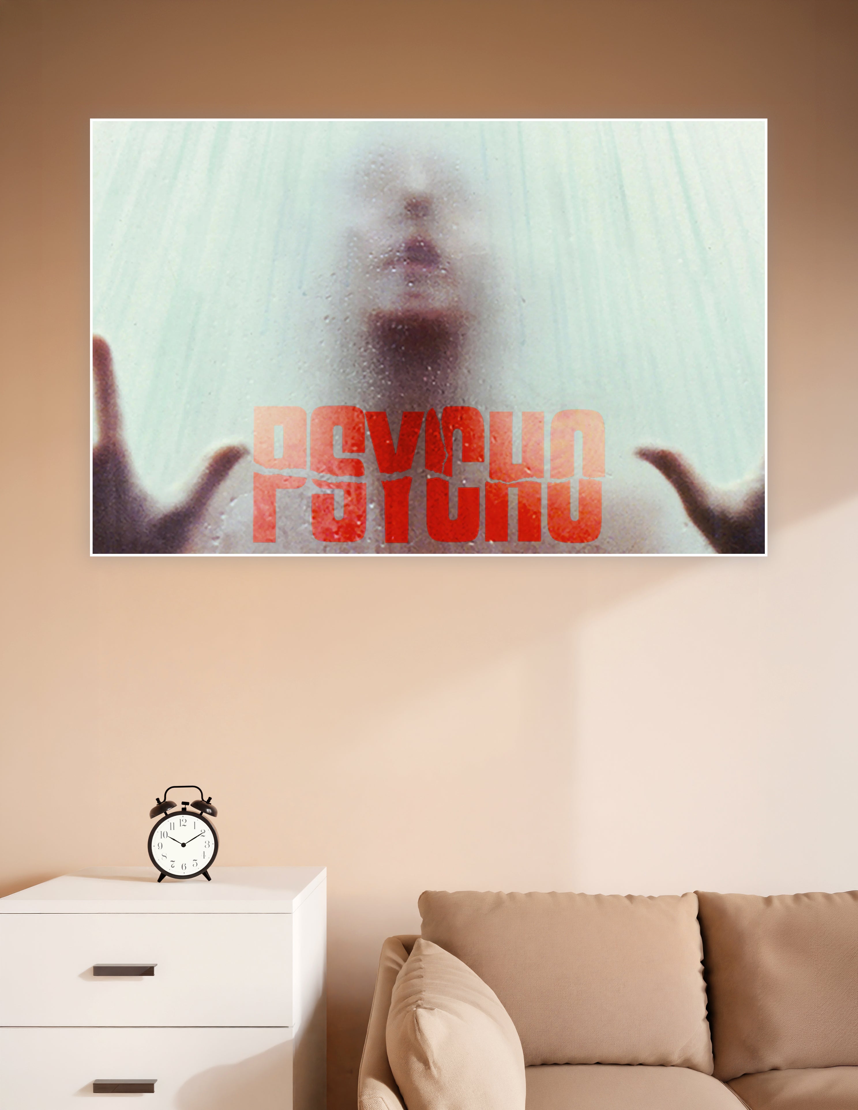 Psycho horror movie poster showing a dark silhouette behind a frosted shower screen with bold red Psycho title text