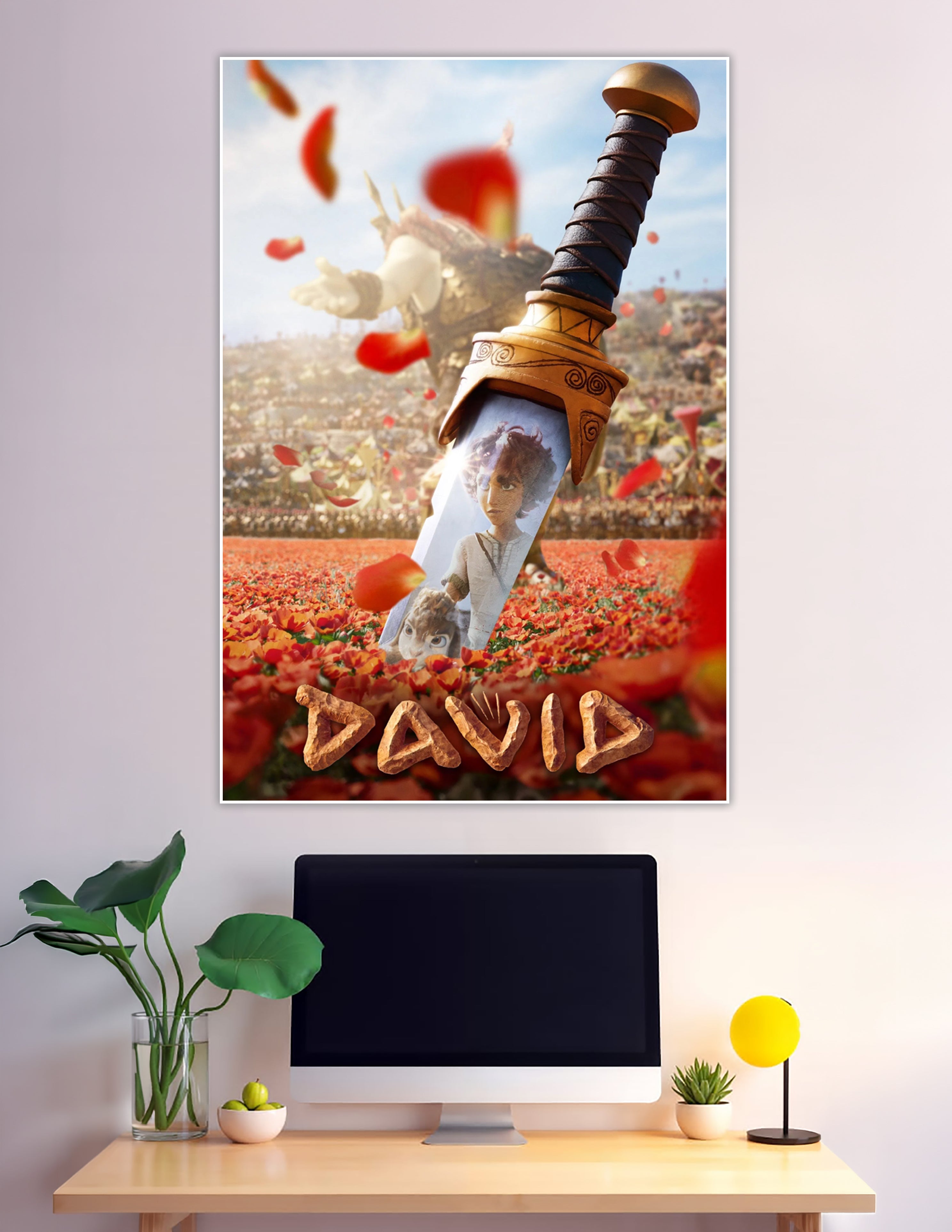 David animated movie poster with golden sword and flowers